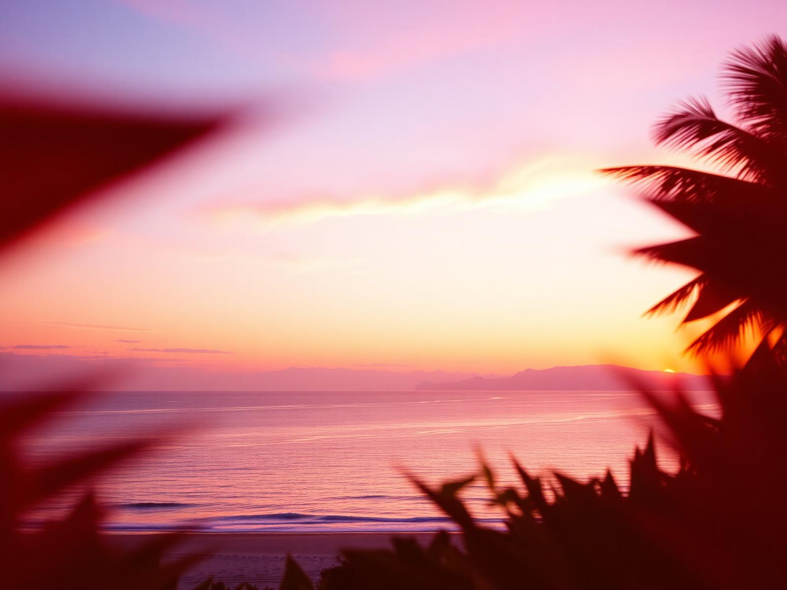 Sunset over the ocean with silhouetted palms