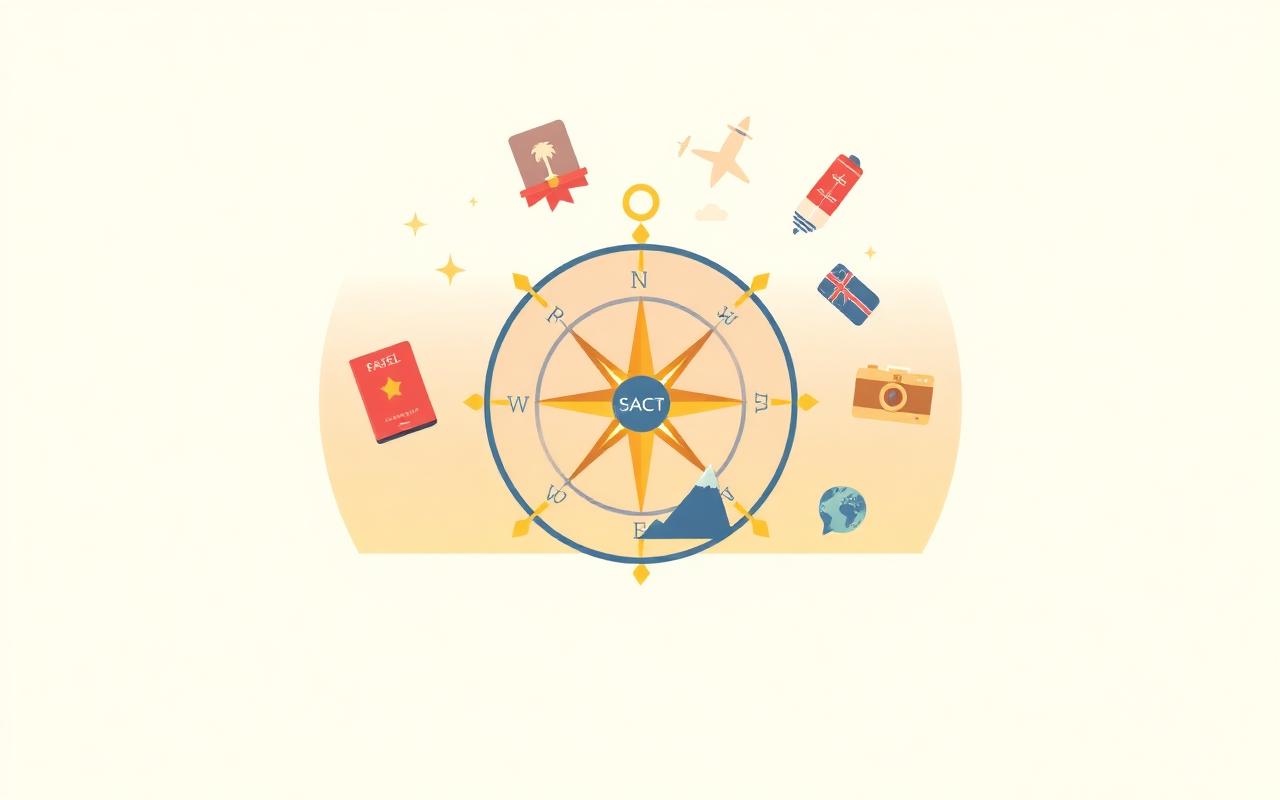 Compass surrounded by travel icons representing the quiz step