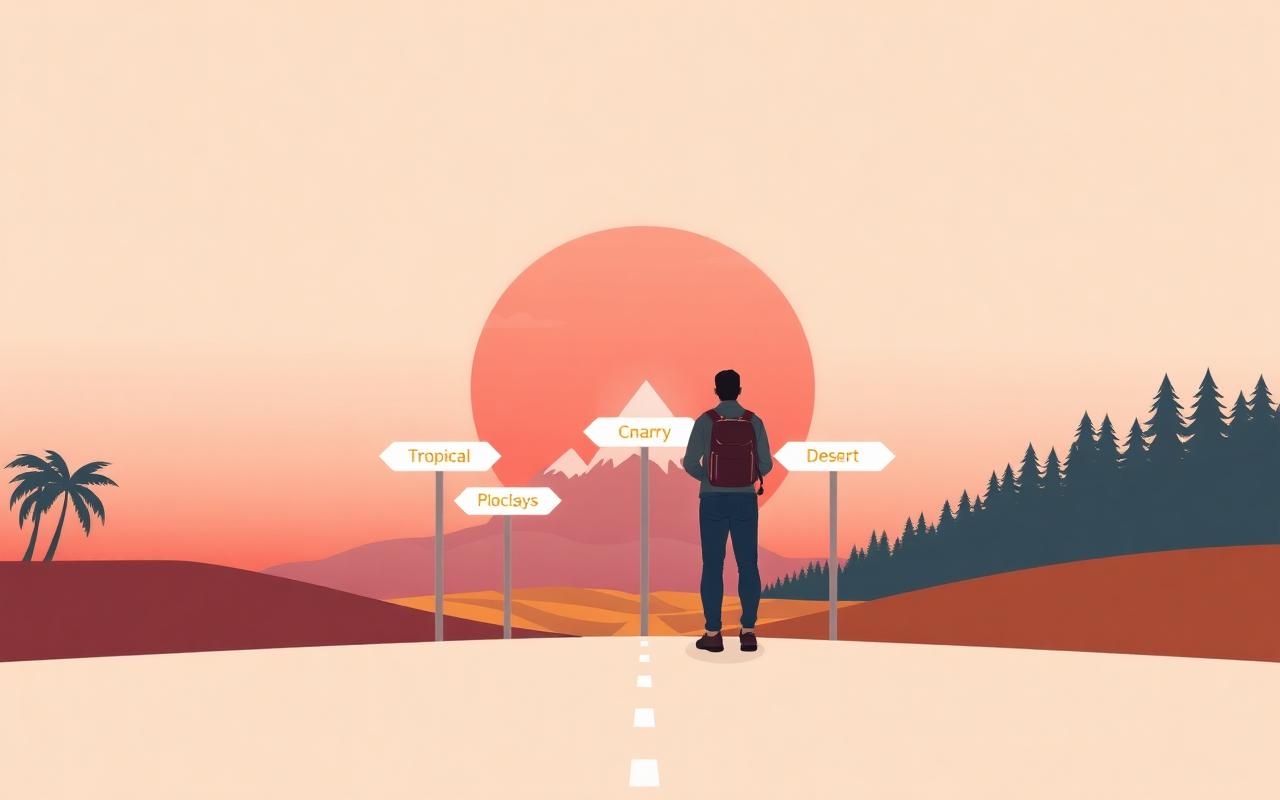 Illustration of a traveler choosing between five destination paths