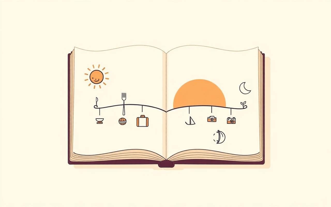 Open travel journal showing a day-by-day itinerary timeline